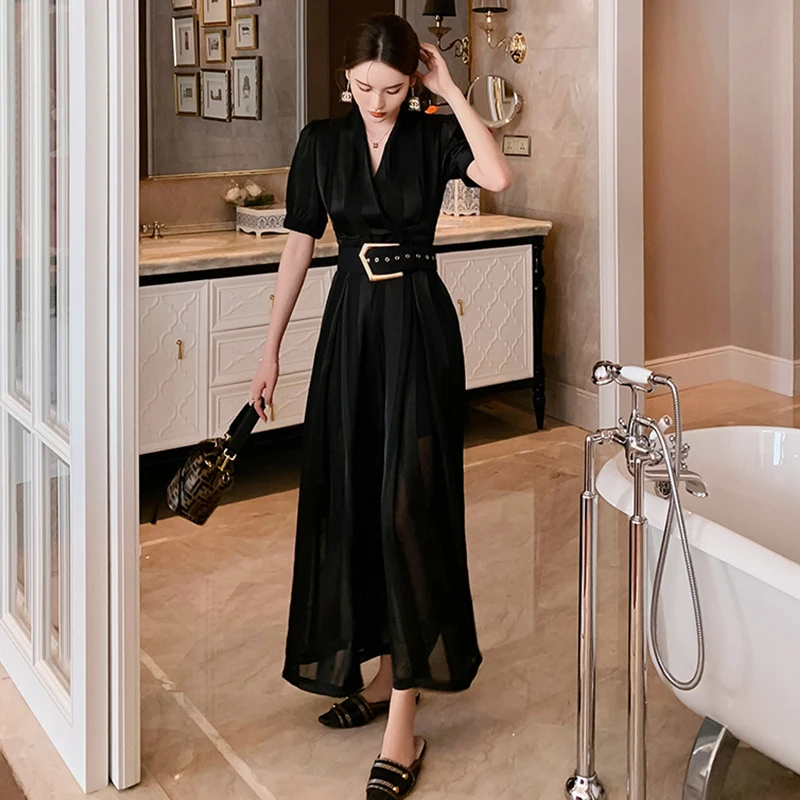2022 Korean Style Casual Retro Long Fashion Summer Jumpsuit Ladies Elegant Short-sleeved Belt Chiffon Wide-leg Pants Jumpsuit