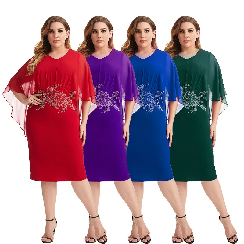 

2022 Summer Elegent African Women V-neck Polyester Solid Color Knee-length Dress African Dresses for Women L-4XL