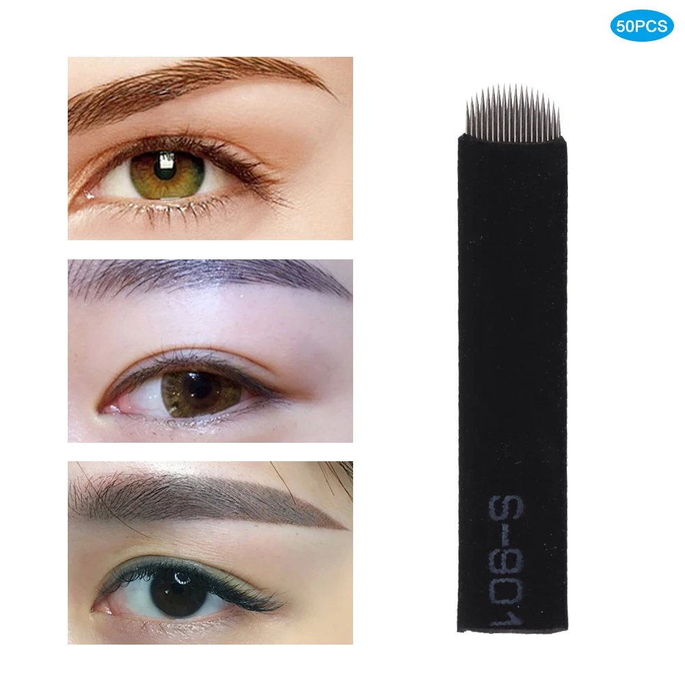 

50 шт., U-образные 18-контактные иглы для микроблейдинга, тату бровей, губ, перманентного макияжа, иглы, лезвия для ручного тату-ручки, поставка