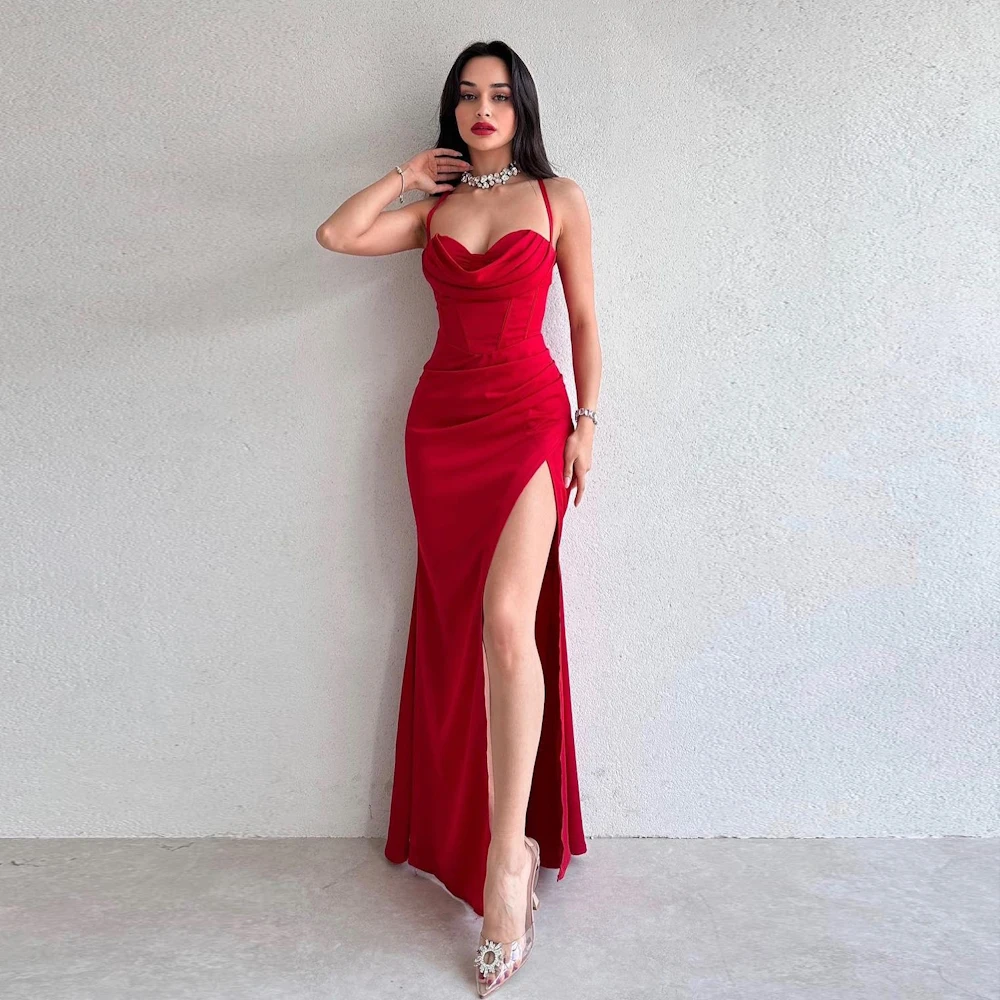 

MULOONG Sexy Red Cowl Neck Spaghetti Straps Evening Dress For Wowen Pleated Mermaid Floor Length High Slit Party Prom New 2023