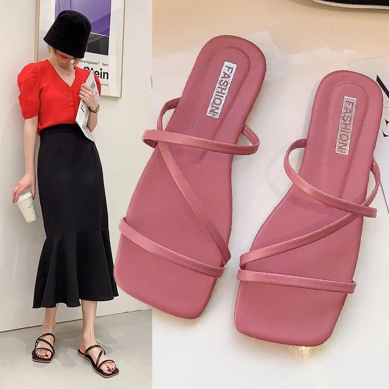 

Slippers Women Summer Flat Shoes Female Lady Candy Colors Slides Low Fashion Pantofle Square Toe Girl Luxury 2022 Rubber PU Rome