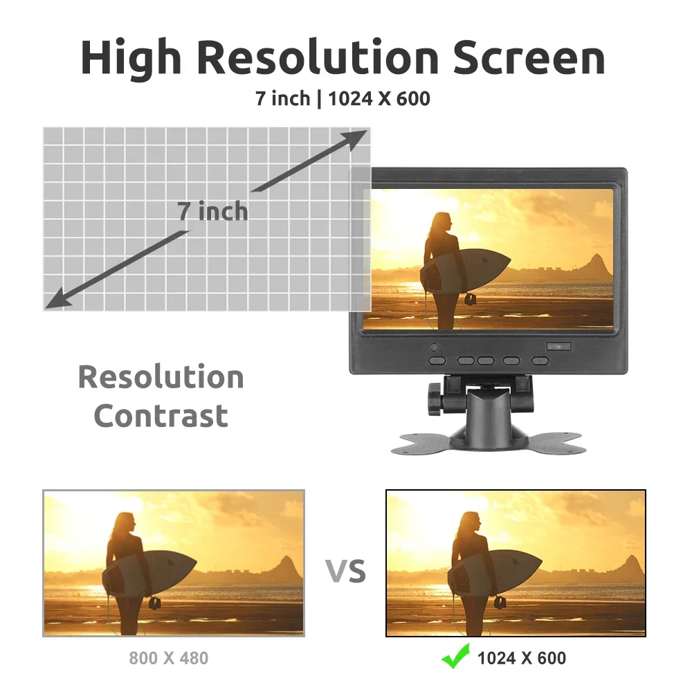 Фото MJDOUD 7-дюймовый автомобильный Hdmi-монитор для ТВ, ПК, компьютера с VGA-дисплеем, 1024*600, ЖК-экран для домашней системы безопасности, резервная камера №5