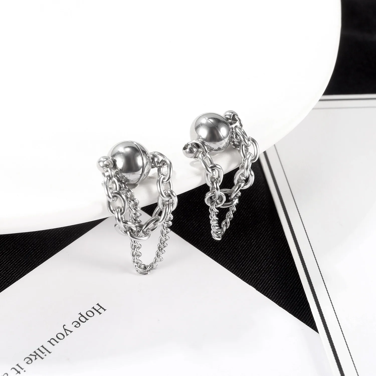 Ornament Korean New Simple Geometric Double-Layer Chain Ear Clip Stainless Steel Inlaid Zircon Earrings