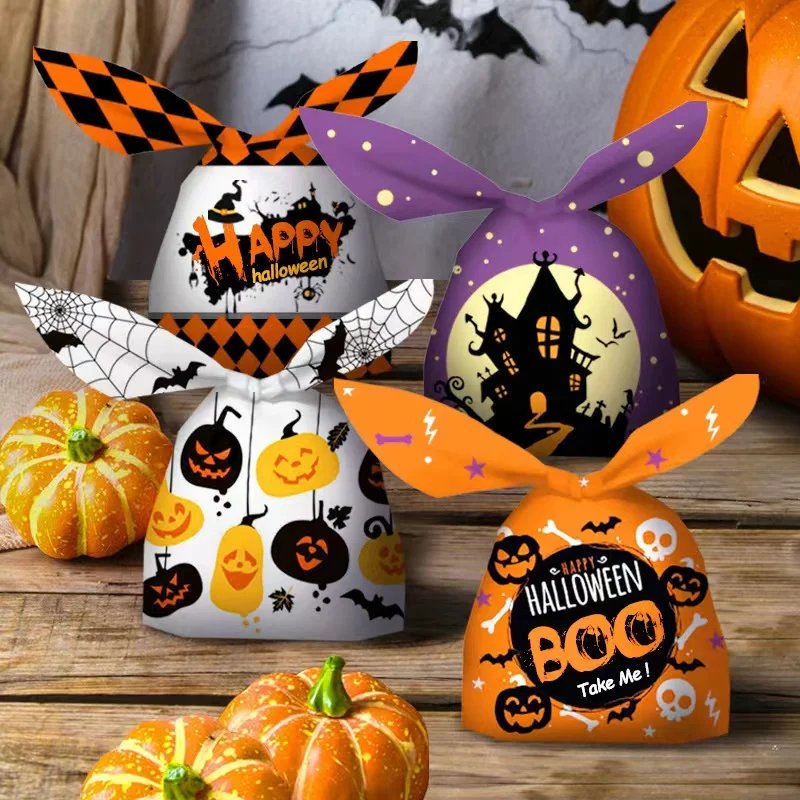 

50/100pcs Halloween Candy Bags Rabbit Ear Plastic Bag for Kids Gift Biscuits Cookies Dessert DIY Packaging Supplies Baking Decor