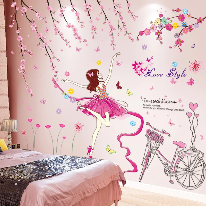 

[shijuekongjian] Cartoon Dancer Girl Wall Stickers DIY Peach Flowers Bike Mural Decals for House Kids Rooms Nursery Decoration