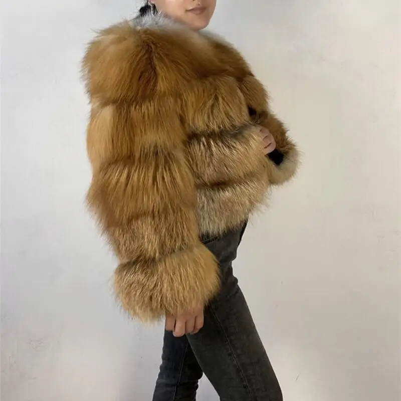 Real Raccoon Silver Fox Fur Fluffy Short Coat Women Winter Natural Round Neck Slim Jacket New Warm Thick Plus-Size Outerwear