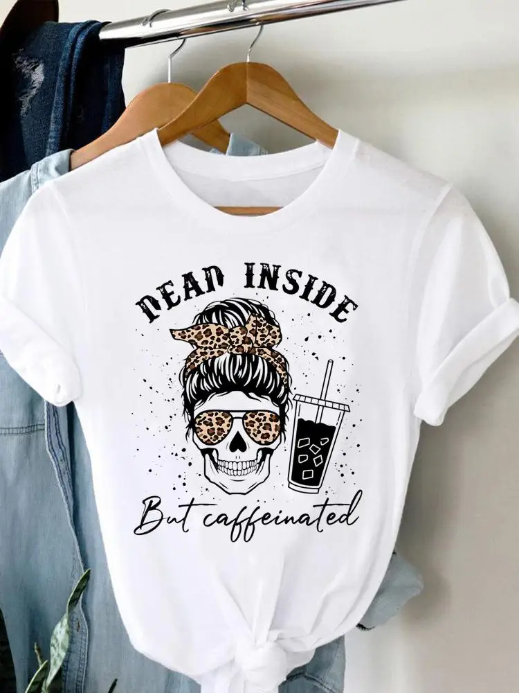 

Футболка женская с круглым вырезом, милая модная повседневная рубашка кофейного цвета с коротким рукавом и графическим принтом, в стиле кэж...