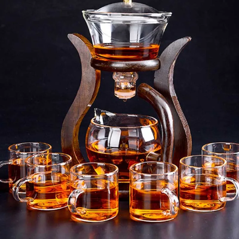 

Glass Kung Fu Tea Set Semi-Automatic Tea Set Pot Tea Gaiwan Tea Teapot And Teacup With Wooded Stand Ceremony Tools