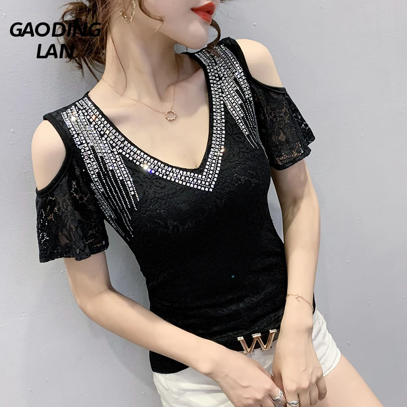 

Summer New Women Diamond V-neck Butterfly Short Sleeve Sexy T-shirts Solid Slim Fit Tops Large Size Female Lace Strapless Tees