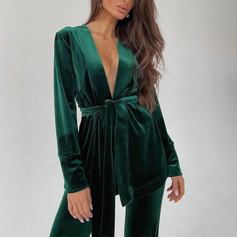 

Elegant Velvet Solid Homewear Two Piece Suits Women Casual Long Sleeve Loose Outfits Fashion Lace-up Belt Blouse & Long Pant Set
