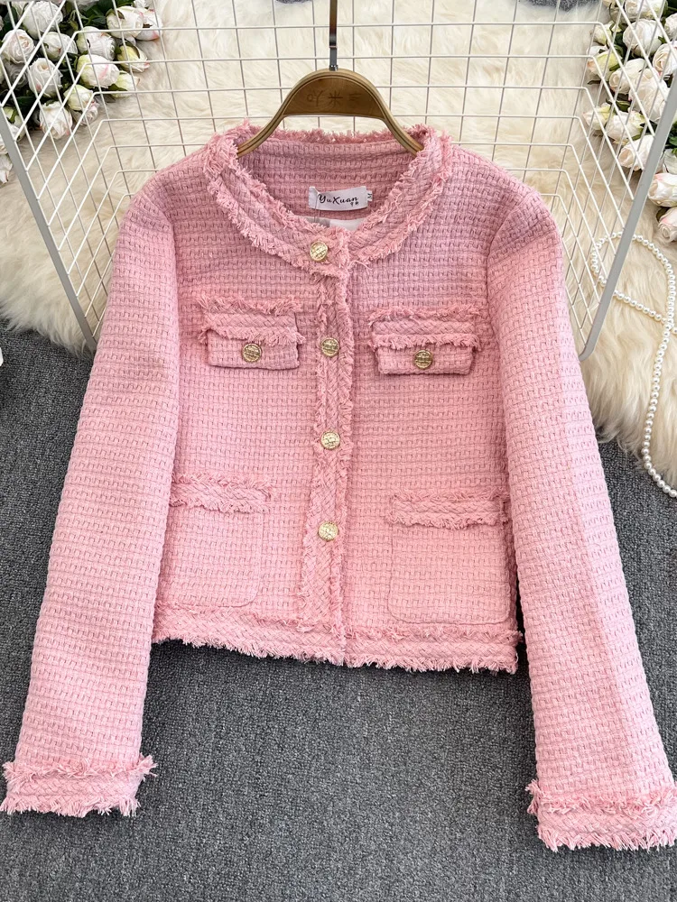 

Elegant Tweed Weave Plaid Women Jacket Autumn Winter Causal Tweed Coat Office Ladies Long Sleeve Single-Breasted Suit Jacket