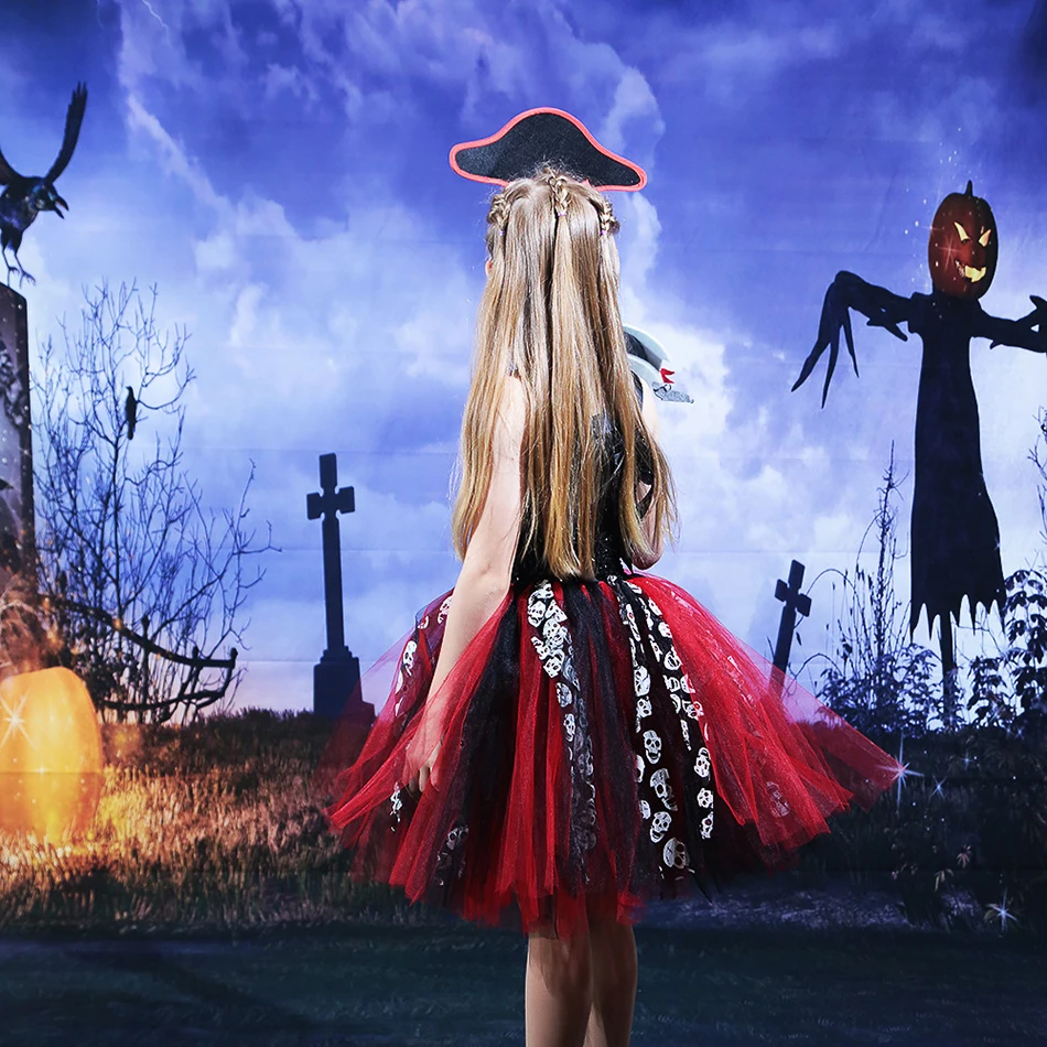 Halloween Girls Dress Pirate Masquerade Dress Children Costume Skeleton Headband Kids Cosplay Clothes Girls Party Dresses 2-12T