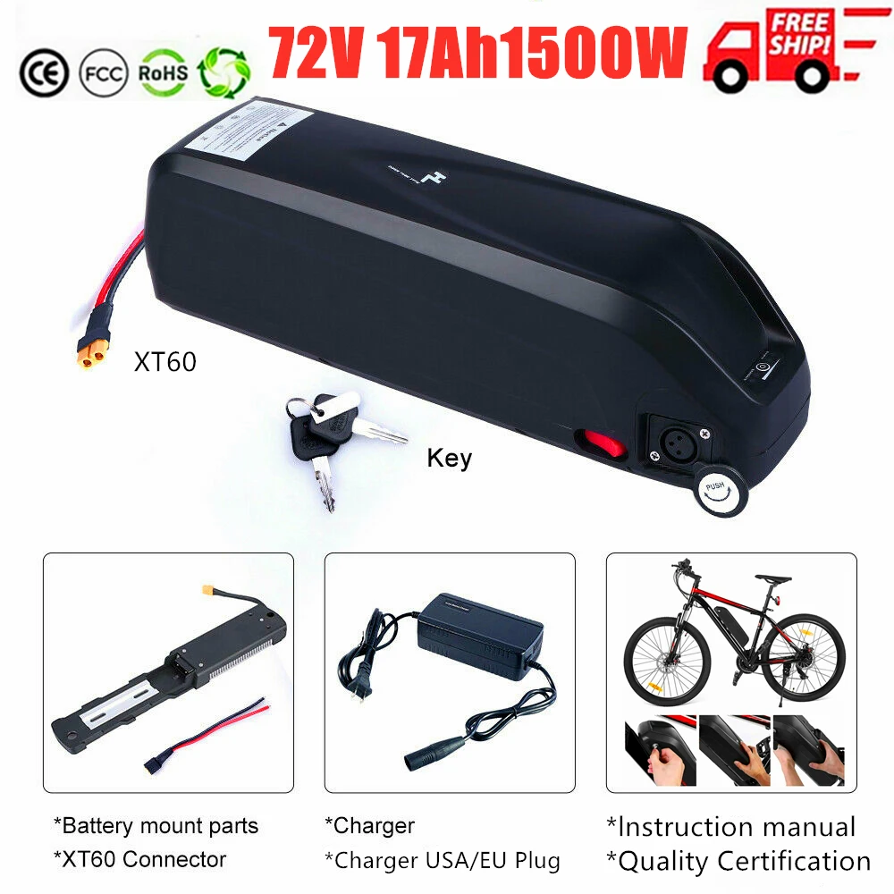 

72V Ebike Battery 12Ah 15Ah 17Ah Li-ion E-Bike Battery Pack Electric Bicycle Battery fits on Down Tube for Mountain Bike 1500W