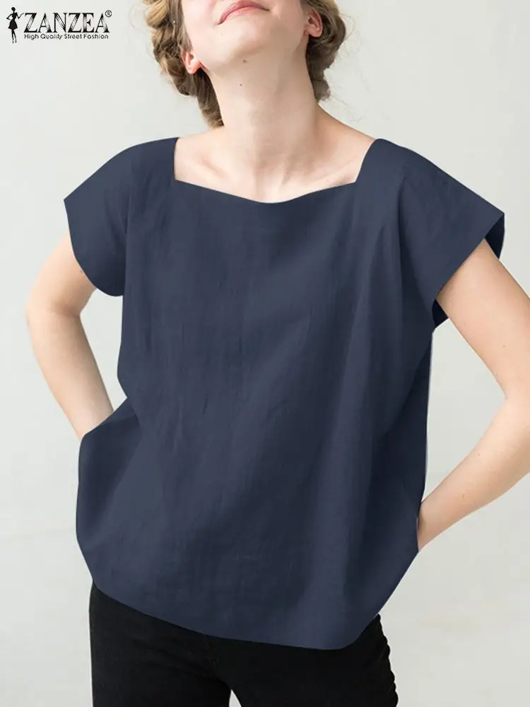 

ZANZEA Summer Fashion Blouse Woman Short Sleeve Square Collar Tunic Tops Female Casual Streetwear Blouses Elegant Beach Blusas