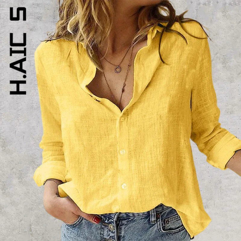 

H.Aic S Leisure Yellow Shirts Button Lapel Cardigan Top Loose White Long Sleeve Shirt Womens Blouses Autumn Lady Blusas Mujer