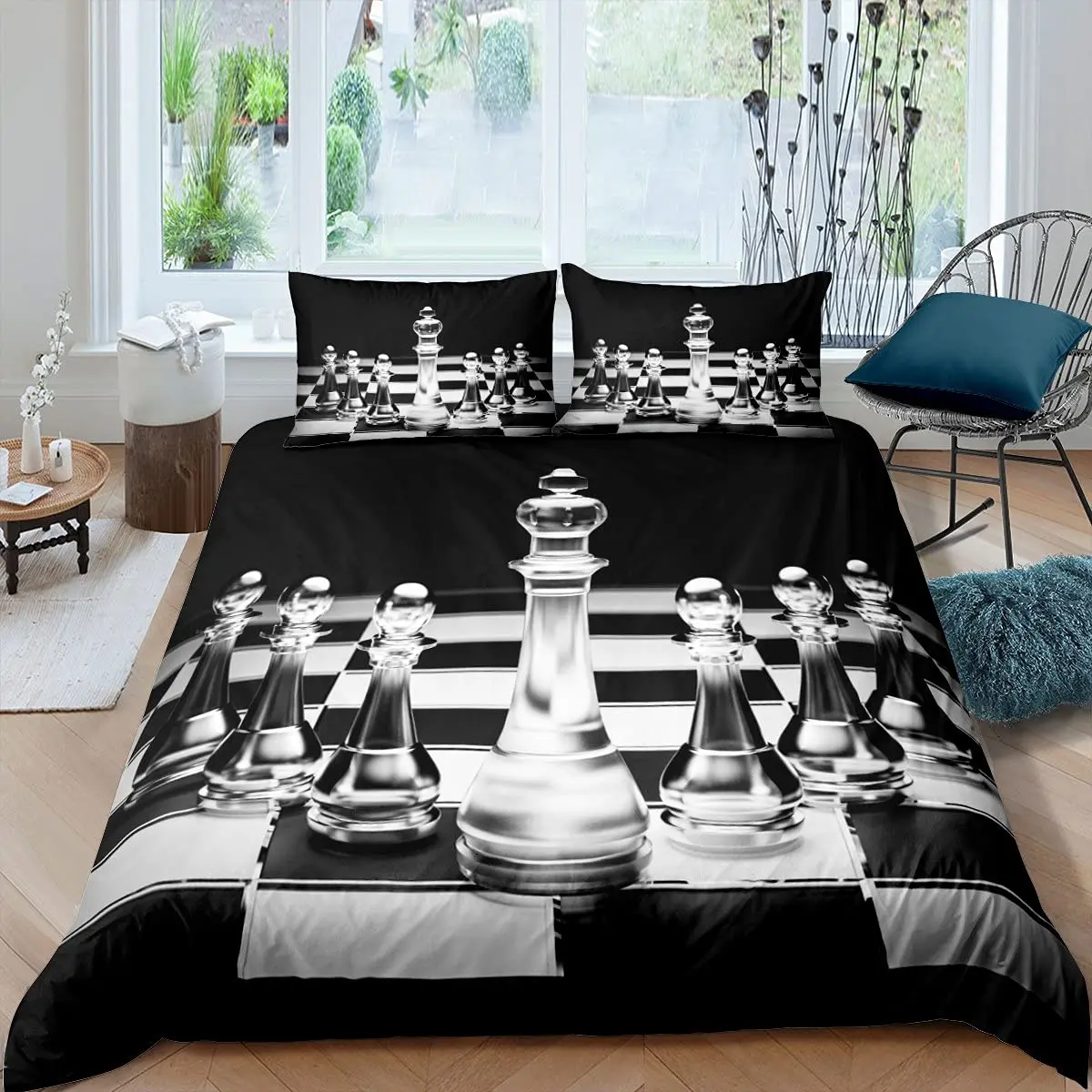 

Chess Board Duvet Cover 3D Funny Game Bedding Set Black White Check Print Comforter Cover King Queen Size Polyester Quilt Cover