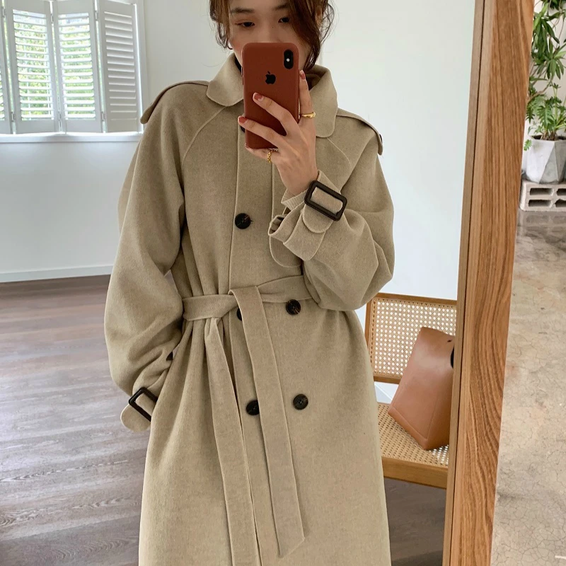 

Women Winter Black Long Slim Black Wool Coat Jacket Belt Vintage Elegant Woolen Overcoat Double Breasted Cardigan Cloak