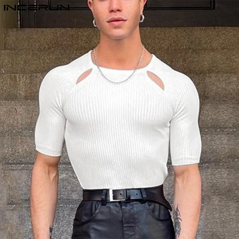 

2022 Fashion Men T Shirt O-neck Solid Color Short Sleeve Streetwear Hollow Out Sexy Men Clothing Casual Camisetas S-5XL INCERUN