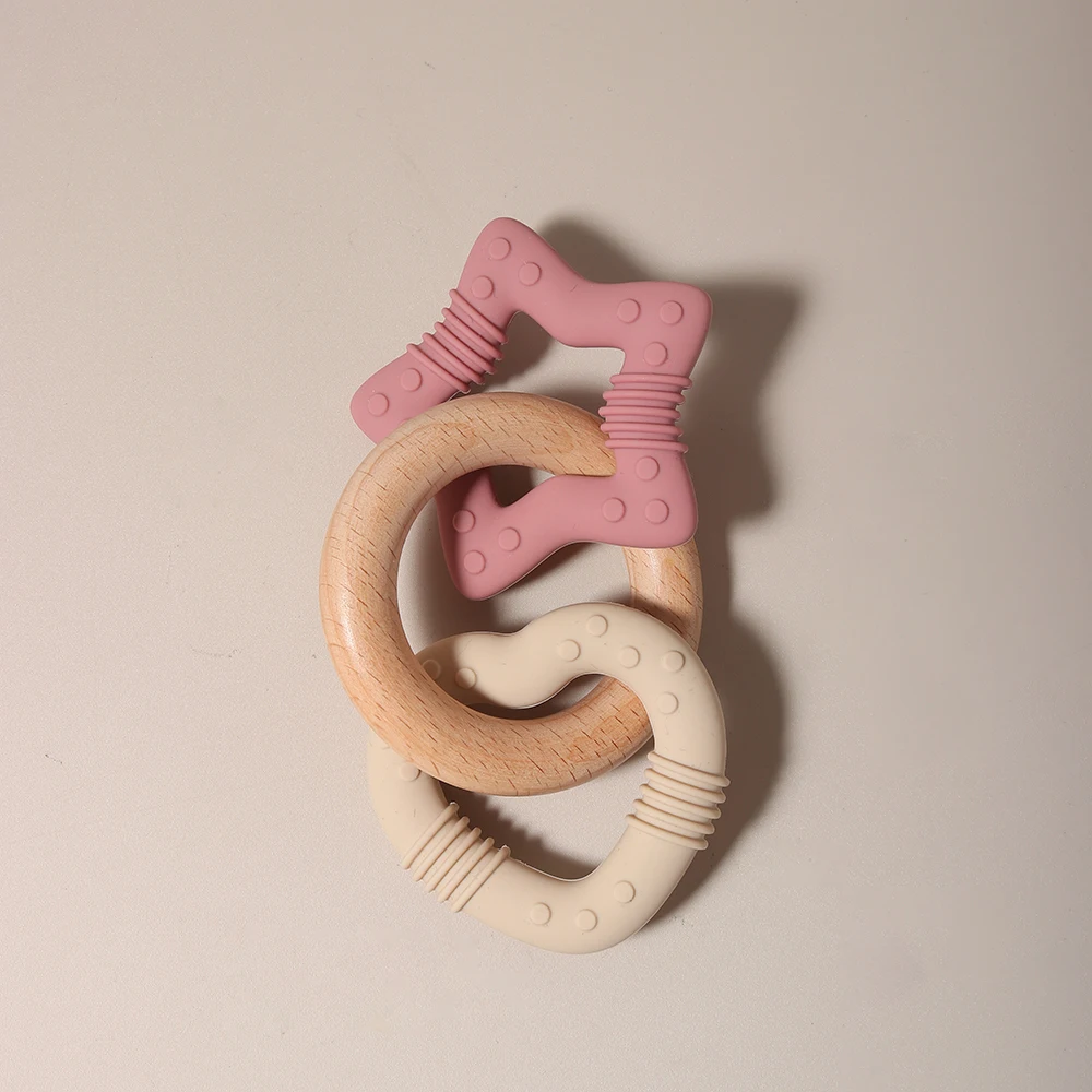 Силиконовый Прорезыватель для зубов в форме звезды и сердца с деревянным