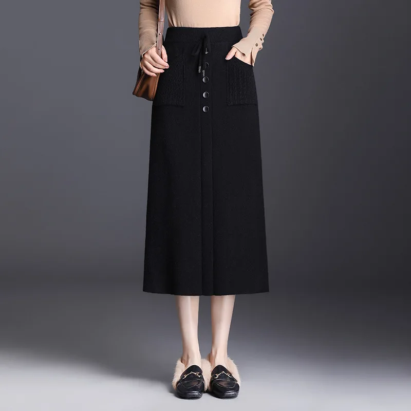 

Elastic High Waist Pocket Button Black Knitted Long Skirt Winter Women Vintage Elegant Slim Casual Ladies Bodycon Skirts 0801