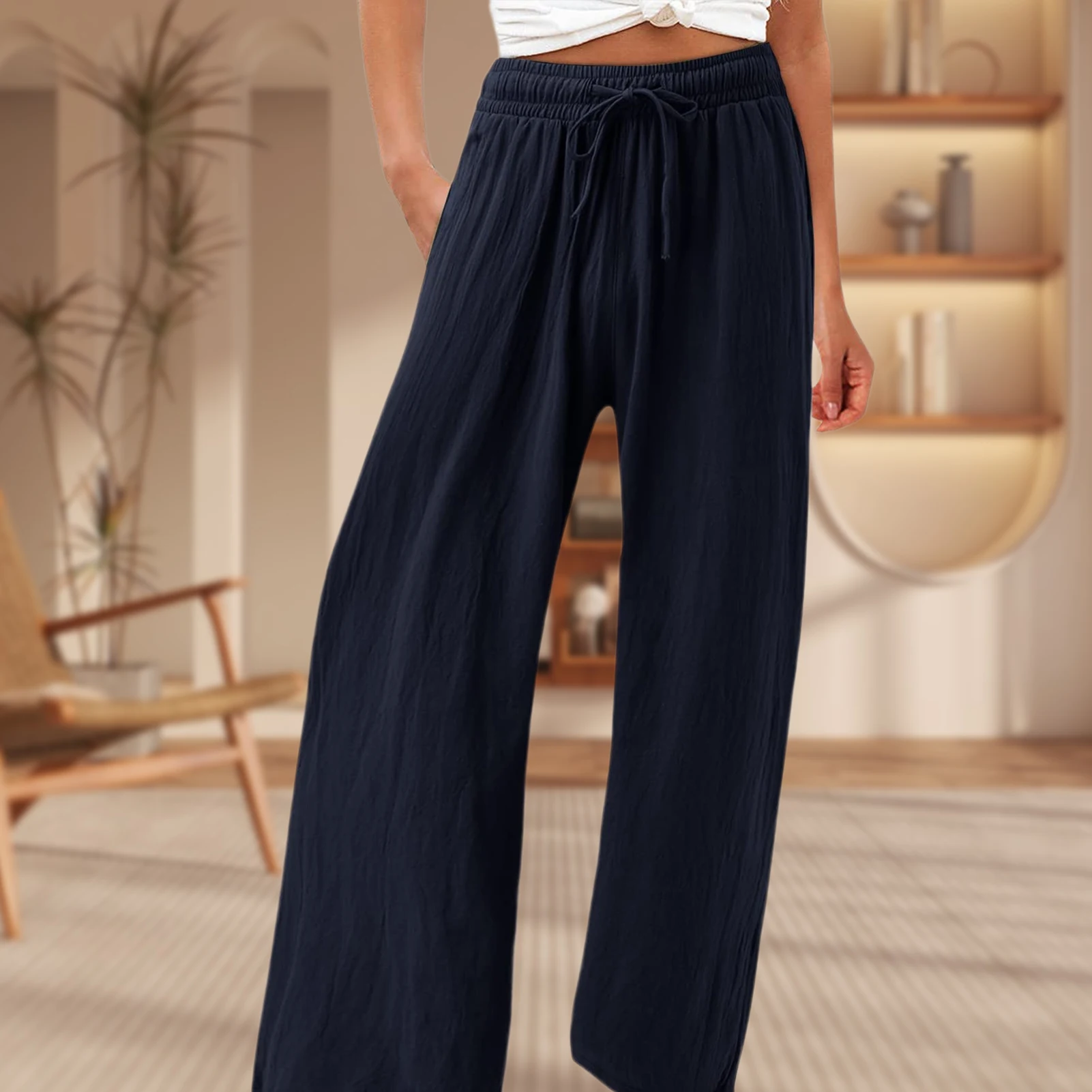 

Women Casual Long Pants Cotton Linen Ladies Pants with Pockets High Waisted Solid Color Tie Up Loose Fit Vacation Suit