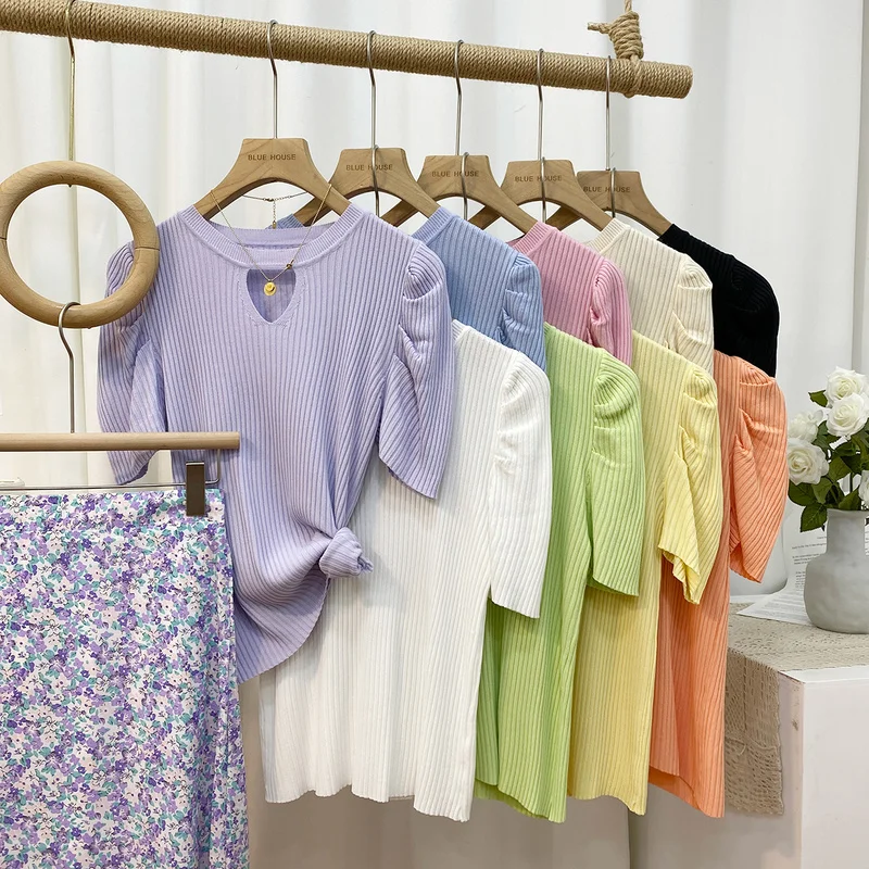 

2022 Hollow Out Sweaters Women Tops Solid Puff Sleeve 9 Colors Knitting Ropa Mujer Korean Fashion Pullovers Summer Clothing