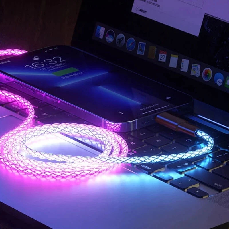 Фото Светящиеся кабели, быстрое зарядное устройство со светодиодной подсветкой, Micro USB Тип C, зарядное устройство для телефонов iPhone 13, 12, Xiaomi, Samsung, ... №1