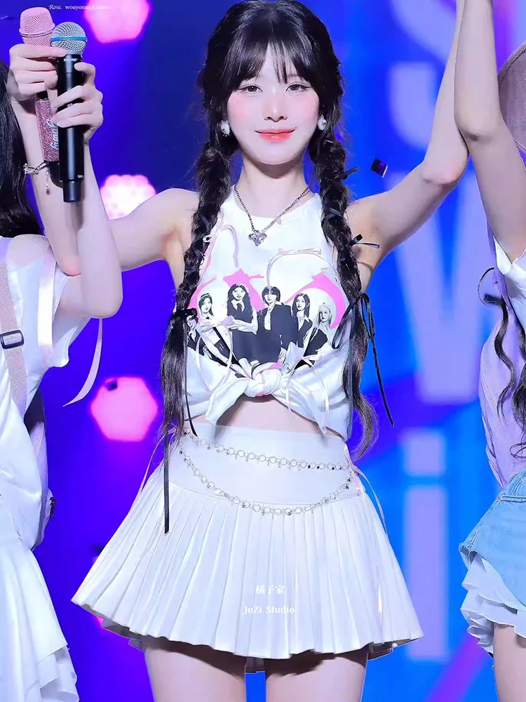 Летний женский милый костюм Zhang Yuanying белый жилет с принтом Женский бандажный