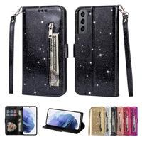 phone case for samsung galaxy s22 s21 fe s20 plus note 20 ultra full protect cover glitter bling zipper leaher flip wallet coque