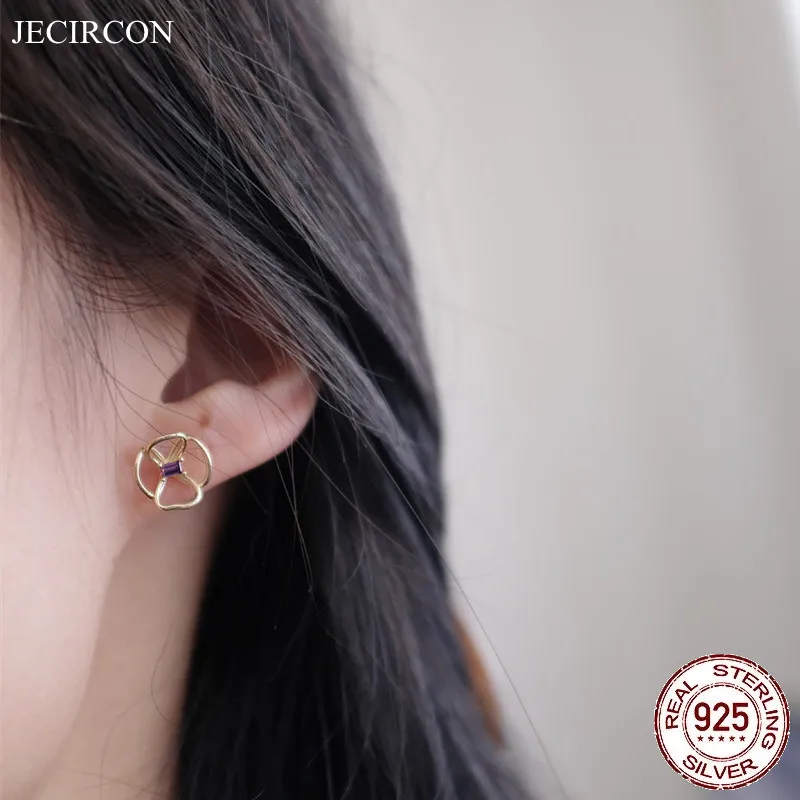

JECIRCON Simple ins 925 Sterling Silver Flower Stud Earrings Mini Purple Zircon Hollow Three-dimensional Temperament Earrings