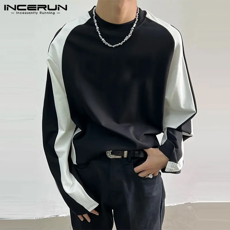 

INCERUN Tops 2023 Korean Style Handsome Men's Color Contrast Design T-Shirts Casual Fashion All-match Long Sleeve Camiseta S-5XL