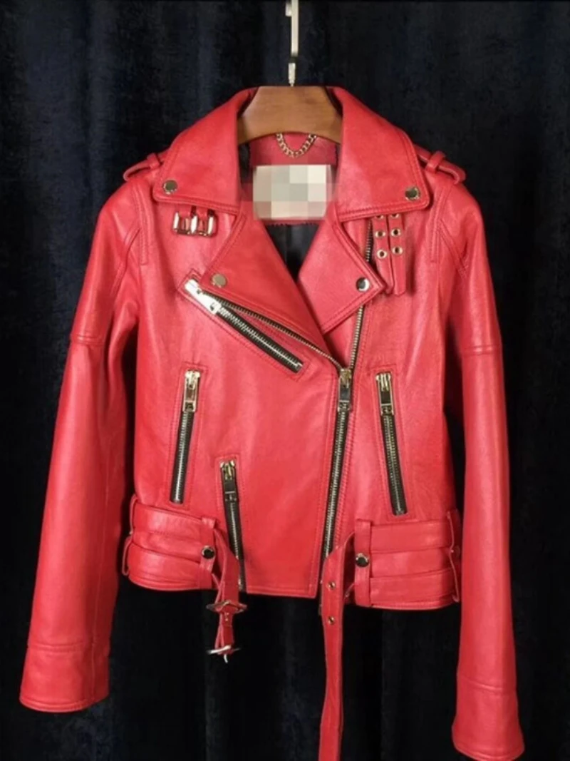 Women Slim Fit Leather Jacket Biker Coat for Female Cropped Red Jacket