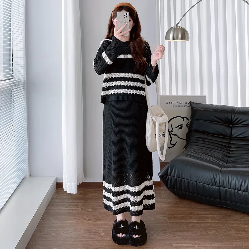 Осенний комплект одежды для беременных в корейском стиле полосатый лоскутный
