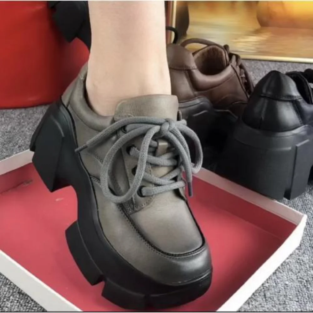 

Single Shoe Women 2023 Spring and Autumn Genuine Leather Heightened Thick Sole Matsuke Lace-up Retro Oxford Shoes Women