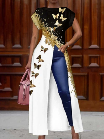 Повседневное длинное платье с золотым принтом бабочки, элегантное женское свободное платье-пуловер с коротким рукавом, модное праздничное платье с круглым вырезом и высоким разрезом, 2022