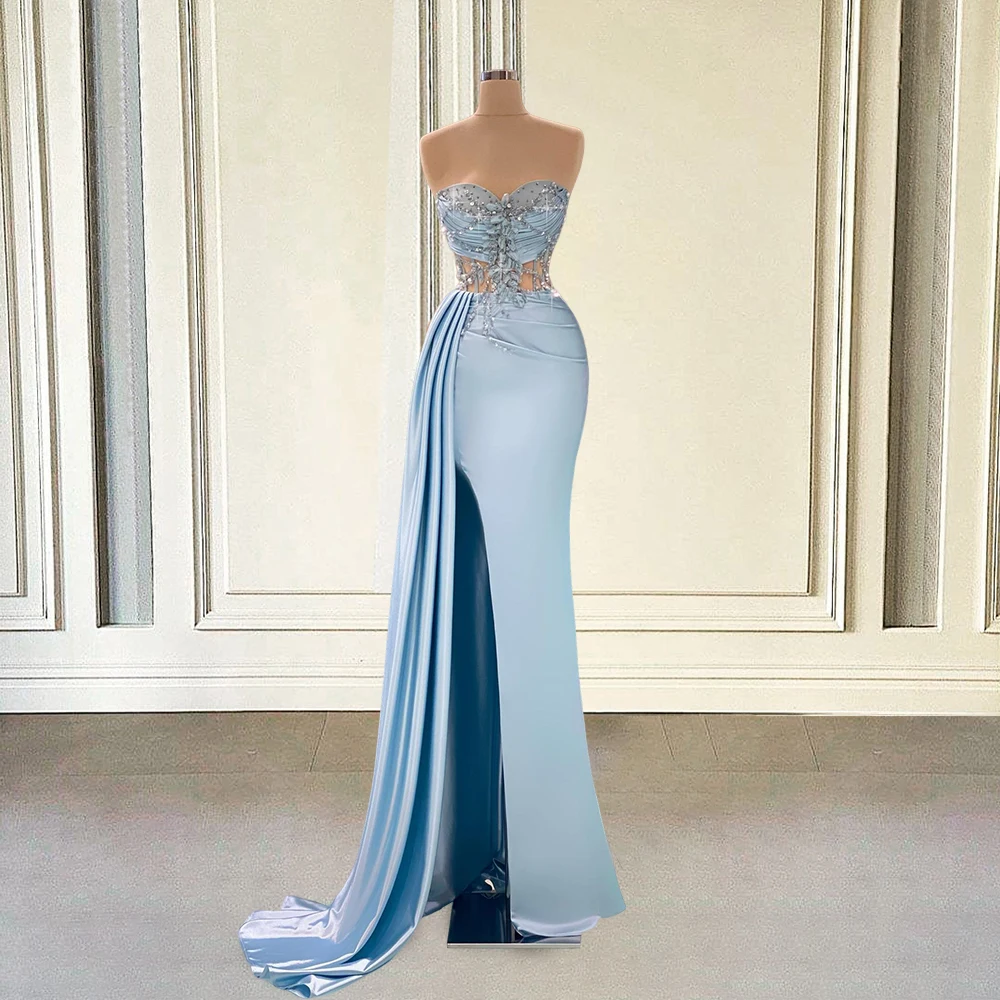 

Elegant Women Formal Long Prom Dresses for Graduation Party 2022 Beaded Crystals Sweetheart Gils Mermaid Evening Gowns with Slit