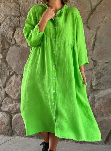 

Dresses for Women 2023 Summer New Cotton Linen Solid Casual Standing Neck Button Fashion Loose Long Dress Female Clothing