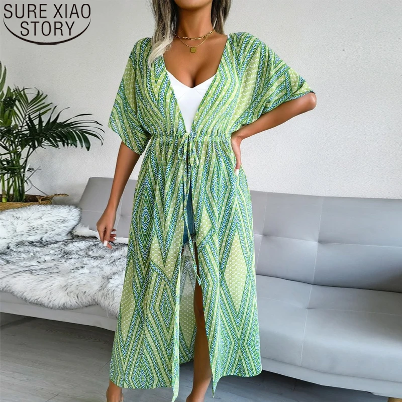 

Женская Длинная пляжная рубашка с коротким рукавом и V-образным вырезом