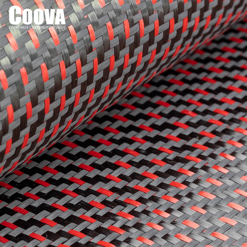 

F234 COOVA Red Kevlar & Carbon Fiber Cloth 2+1Mixed Plain Tela Fibra De Carbono Carbon Fabric Jacquard Width 200mm/300mm