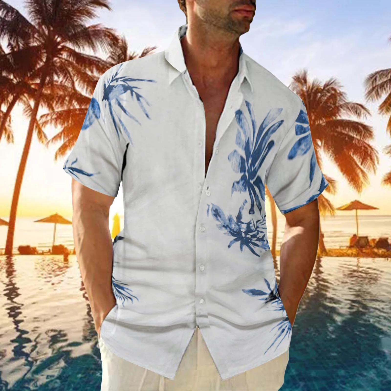 

Men's Summer Hawaiian Shirt Fashion Leisure Seaside Turn Down Collar Beach Hawaiian Tree Printed Shirt Top Vintage Clothes 4