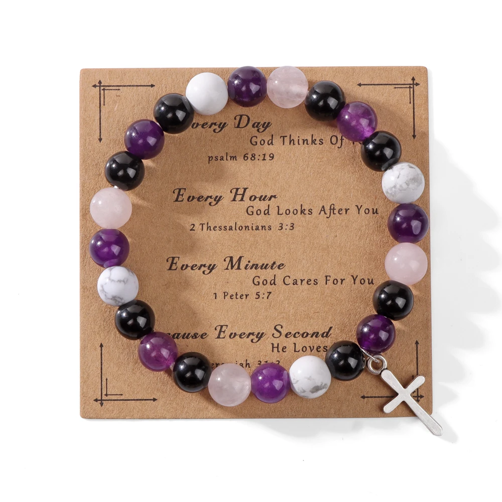 Природный камень крест браслет розовая зебра роза кварцевый бус подвеска