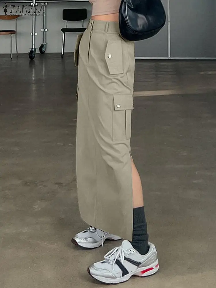 Модная женская Однотонная юбка-карго ZANZEA 2024 Повседневная Свободная длинная юбка