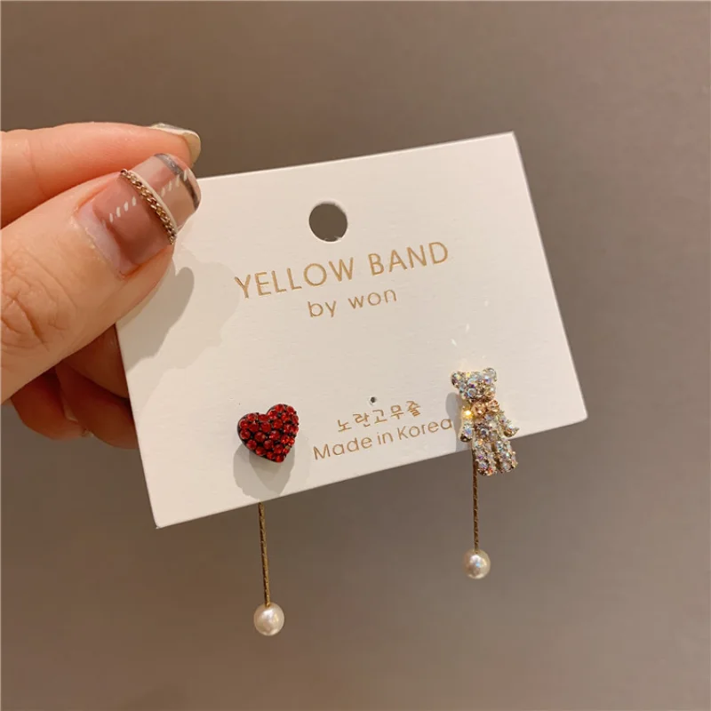 

Korean Silver Pin Super Cute Fun Bear Earrings Red Love Zirconia Girls Asymmetrical Long Paragraph Hundred Match Fashion Jewelry