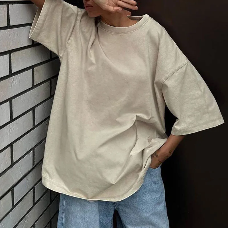 Летняя свободная футболка женская новая однотонная Повседневная Блузка с