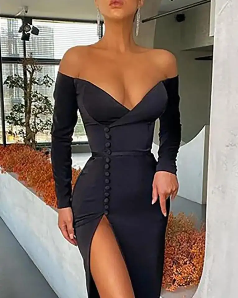 

Elegant Women Dresses Sexy Off The Shoulder High Slit Button Decor Plain Fashion Midi Long Sleeve Skinny Party Dress 2022 Summer