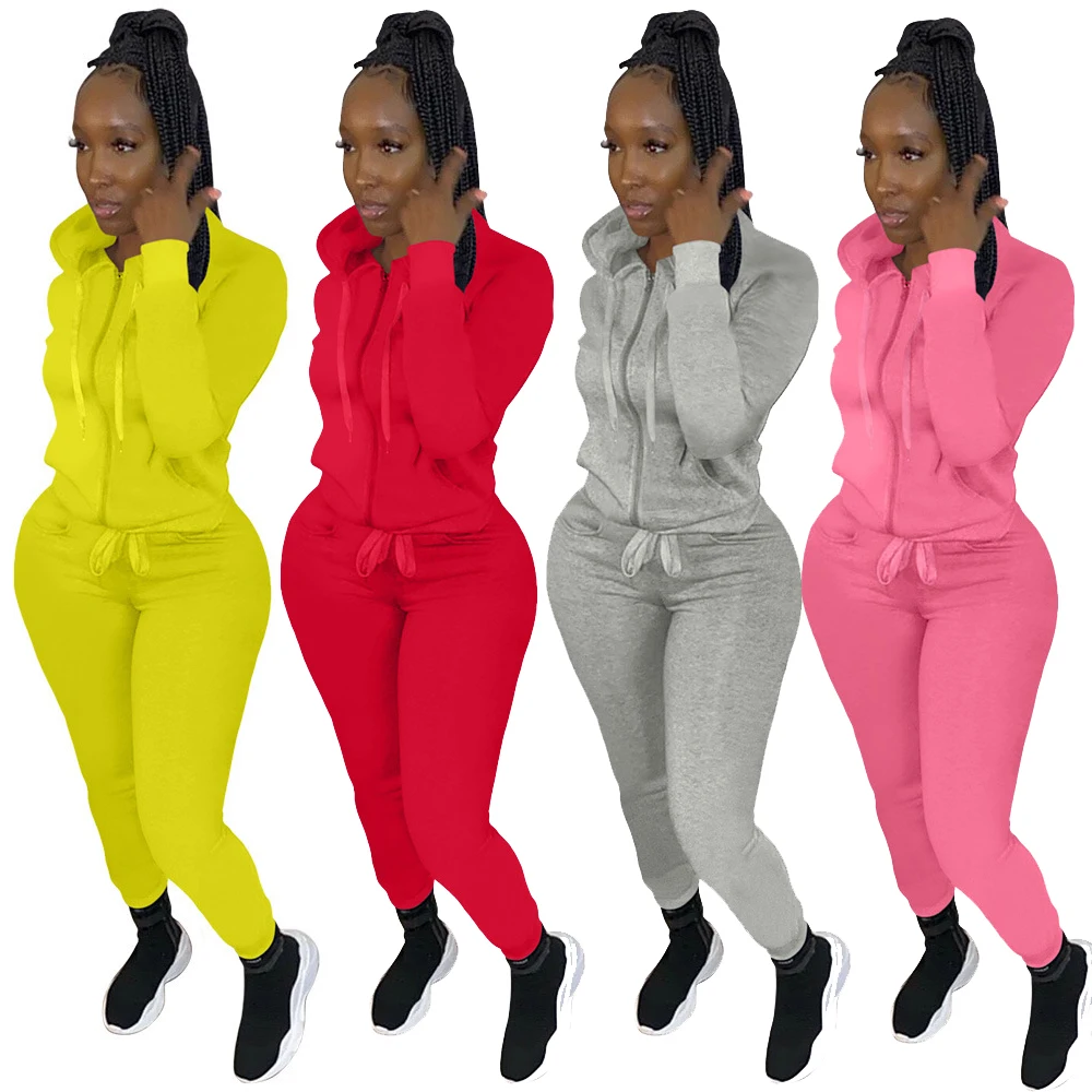 

Спортивные костюмы для женщин, Модный свитшот на молнии с капюшоном и брюки на шнуровке, однотонные облегающие костюмы для бега, комплекты и...