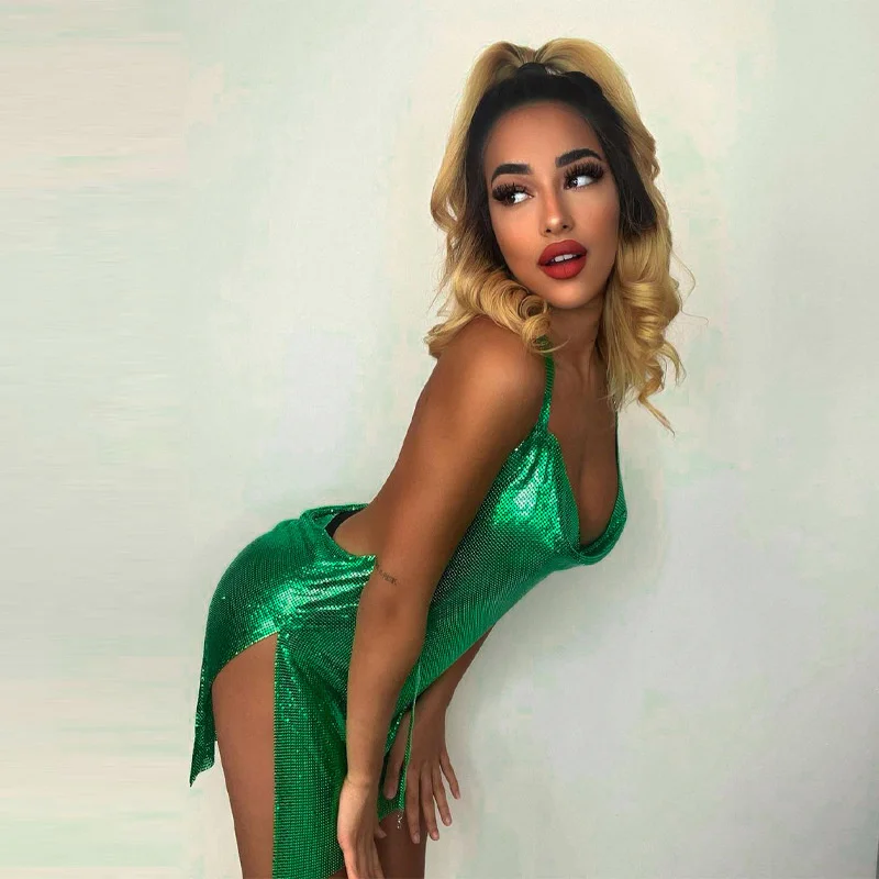 

Zoctuo Hot Dresses Girls Rave Gown Y2k Shiny 2022 Summer Dress Women's Wear New Sexy Backless Solid Color Slim Split Vestidos