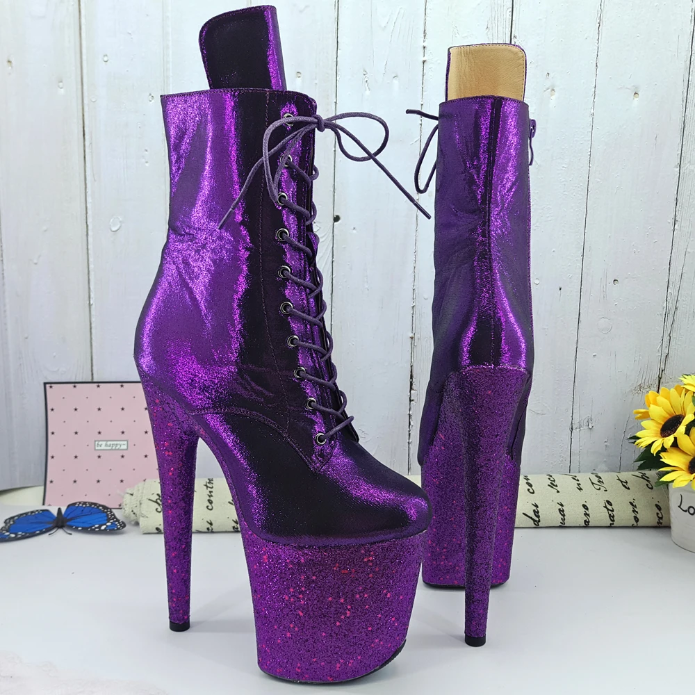 Leecabe 20CM/8inches Pole dancing shoes purple glitter High Heel platform Boots Closed toe Pole Dance boots