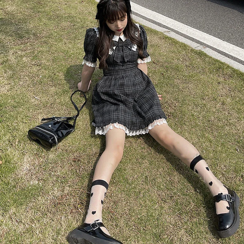 Japan Lolita Vintage Fashion Summer Black Gothic Lace Female Slim Bow Plaid A-line Student Short Princesses Sweet Woman Dress