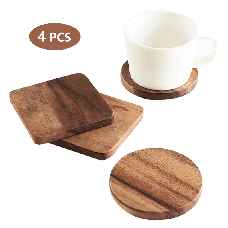 

4Pcs Drink Coasters Wooden Mug Coaster Set Kitchen Table Placemat Cafe Coffee Cup Mat Pad Round Square Wood Coasters for Glasses